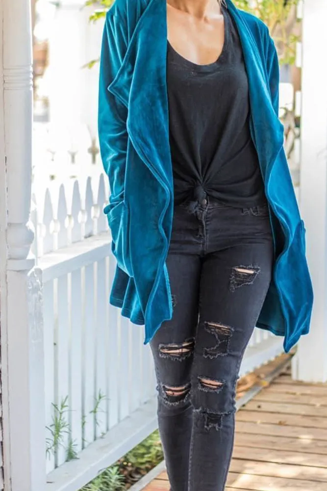 Winter Outfits Plain Lapel Collar Open Velvet Cardigans