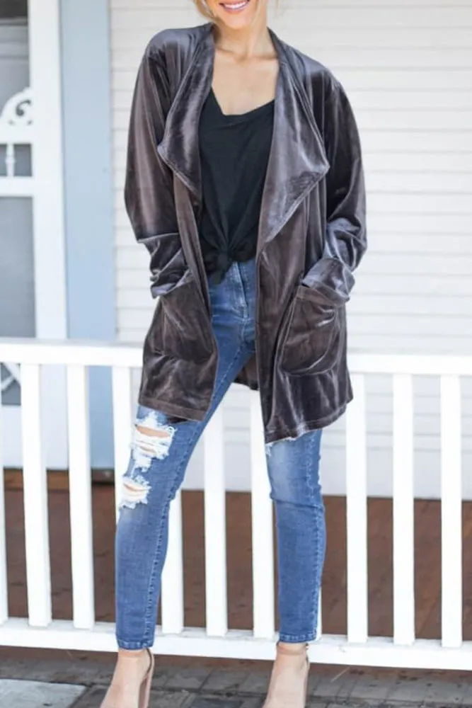 Winter Outfits Plain Lapel Collar Open Velvet Cardigans