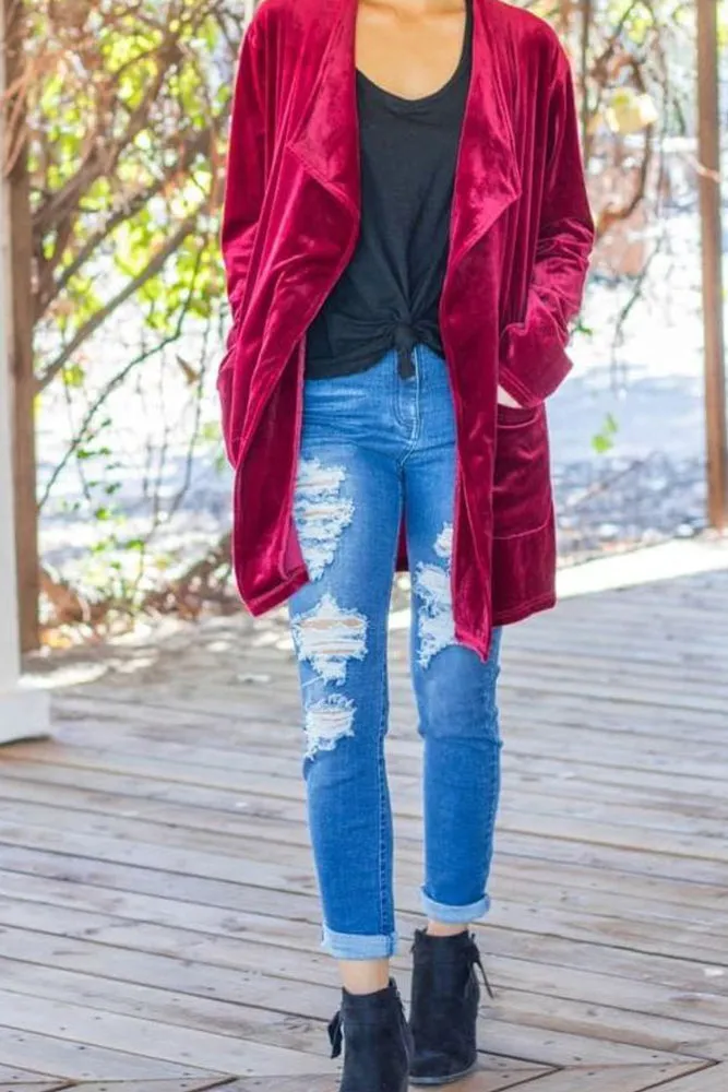 Winter Outfits Plain Lapel Collar Open Velvet Cardigans