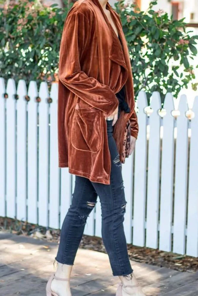 Winter Outfits Plain Lapel Collar Open Velvet Cardigans