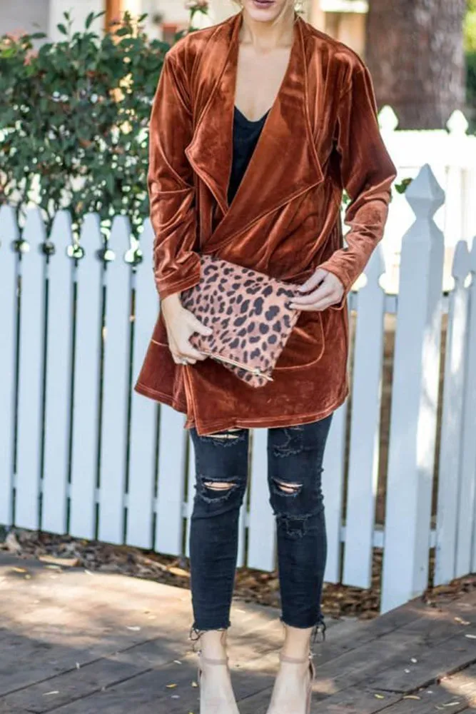 Winter Outfits Plain Lapel Collar Open Velvet Cardigans