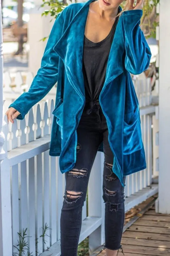 Winter Outfits Plain Lapel Collar Open Velvet Cardigans