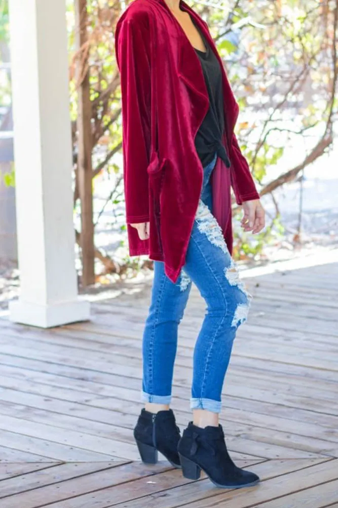 Winter Outfits Plain Lapel Collar Open Velvet Cardigans