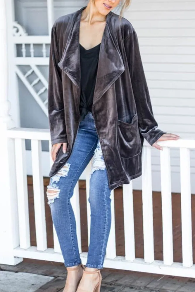 Winter Outfits Plain Lapel Collar Open Velvet Cardigans