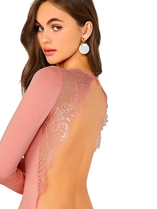 Women's Long Sleeve Backless Lace Applique Bodysuit